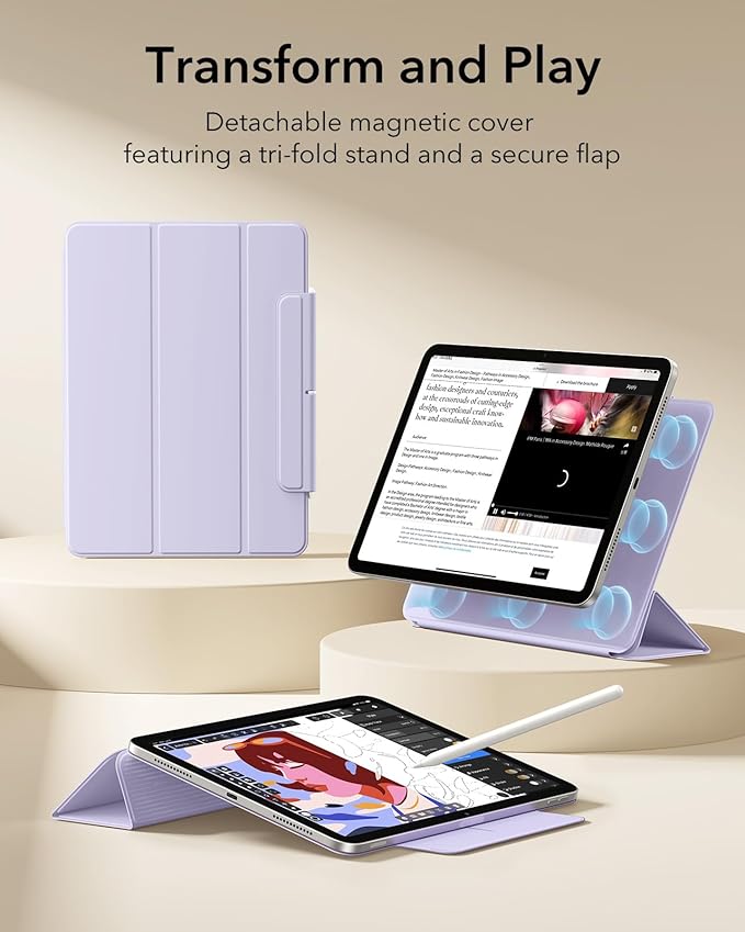ESR for iPad Air 13 Inch Case M4/M3/M2 (2026/2025/2024) iPad Pro 12.9 Case Powerful Magnetic Attachment Slim Trifold Stand Case Supports Pencil Pro &amp Pencil (USB-C) Rebound Series Light Purp