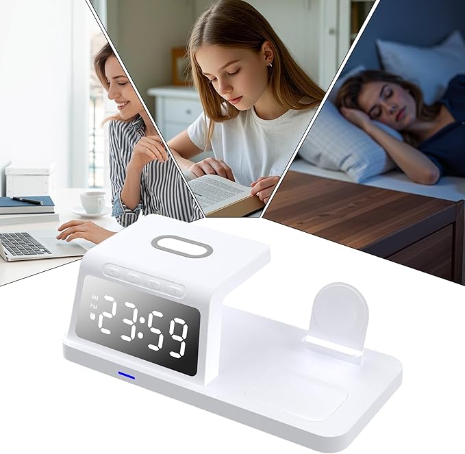 Wireless Charger Desktop Clock 18.8x9.2x5.5cm Digital Alarm Clocks Fast Charging Hub for Smartphones Durabled ABS Bedside Clock for Home Office Dorm