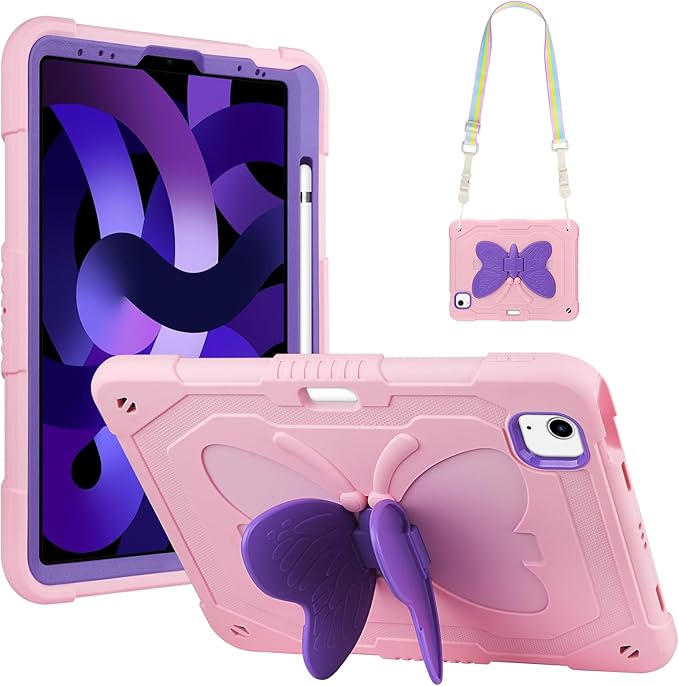 WESADN for iPad Air 5th/4th Generation Case for iPad Pro 11 Inch Case 4th/3rd/2nd/1st with Kickstand Butterfly Wings Strap Pencil Holder Kids Girls Cases i-Pad Air 5th 10.9 Pink Purple