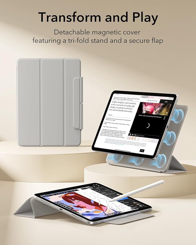 ESR for iPad Air 11 Inch Case M4/M3/M2 (2026/2025/2024) iPad Air 5th/4th Gen (2022/2020) Powerful Magnetic Attachment Slim Trifold Stand Case Auto Wake/Sleep Durable Protection Grey