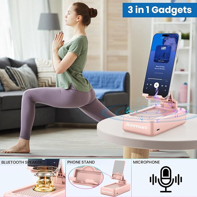 JTEMAN Cell Phone Stand with Bluetooth SpeakerBirthday Gifts for Women and MenKitchen Gadgets for MenCompatible for iPhone/Samsung/Mini iPad - Pink