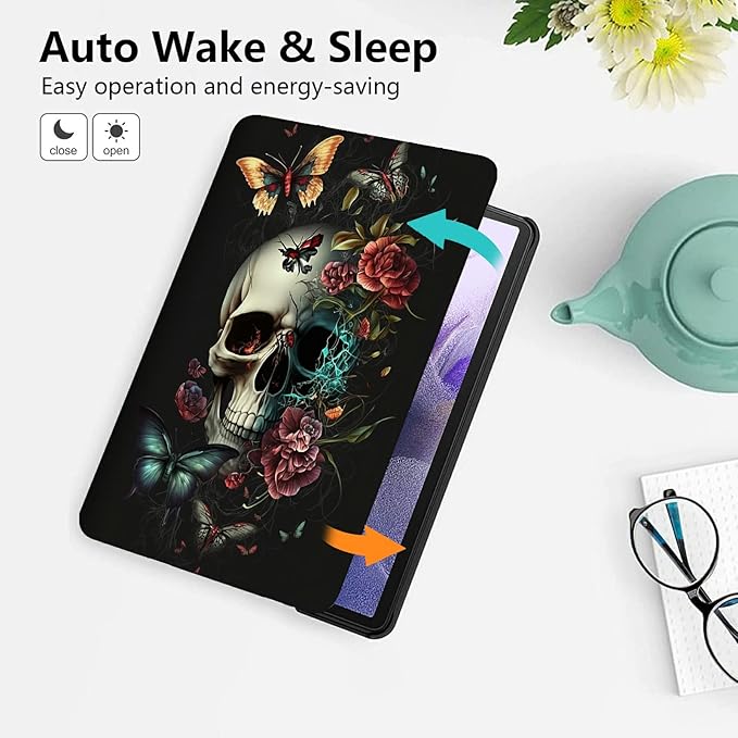 for 10.1 Amazon Fire HD 10 Tablet (13th Generation 2023 Release)PU Leather Multi-Angle Anti Slide Stand Cases with Auto Wake/SleepButterfly Skull Flower