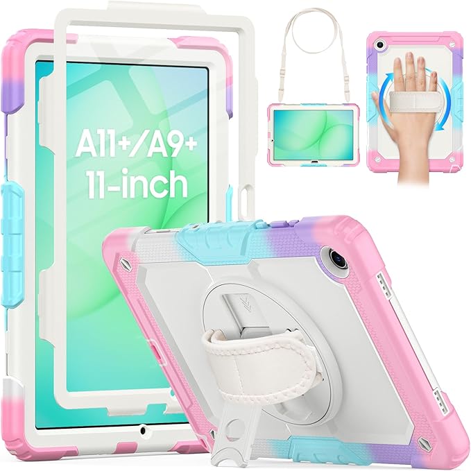 HXCASEAC Case for Samsung Galaxy Tab A11+ Plus Kids 11 Inch Protective with Screen Protector/Hand Strap/Pen Holder Sturdy Shockproof for Samsung A11 Plus Tablet Case Cute for Girls - Rainbow Pink