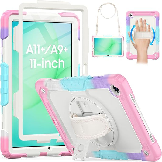 HXCASEAC Case for Samsung Galaxy Tab A11+ Plus Kids 11 Inch Protective with Screen Protector/Hand Strap/Pen Holder Sturdy Shockproof for Samsung A11 Plus Tablet Case Cute for Girls - Rainbow Pink
