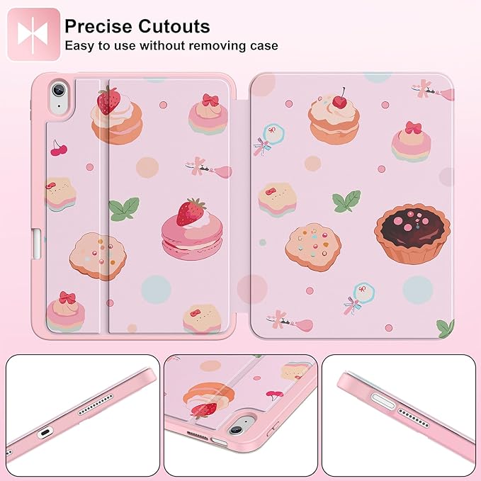 Supveco Case for iPad (A16) 11th Generation 11 inch (2025)iPad 10th Generation 10.9 inch (2022) with Pencil HolderPremium Folio Stand Case with Soft TPU Back CoverAuto Wake/Sleep-Pink Cake