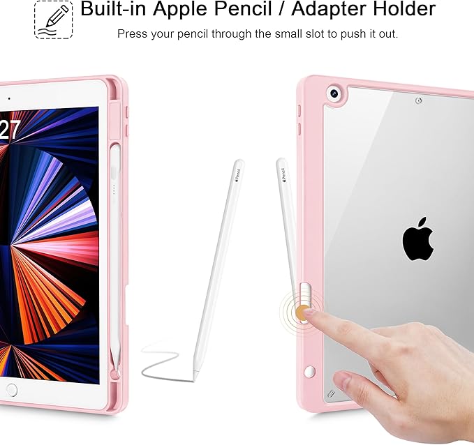 for iPad 9th Generation with Pencil Holder iPad 8th/7th Gen Case 10.2-inch [Built in Pencil Holder] Trifold Stand Auto Wake/Sleep Clear TPU Protection Back Cover Pink Bows