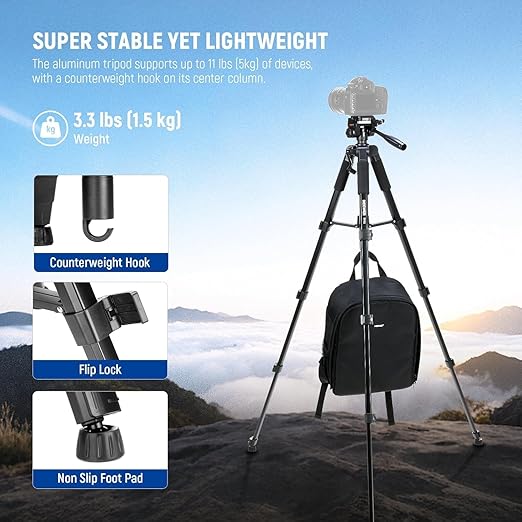 NEEWER BASICS Camera Tripod 71'' Tripod with Cell Phone Holder Mount Compatible with iPhone for Video Recording Professional Aluminum Lightweight Portable Travel Stand with 3 Way Pan Tilt Head TP55