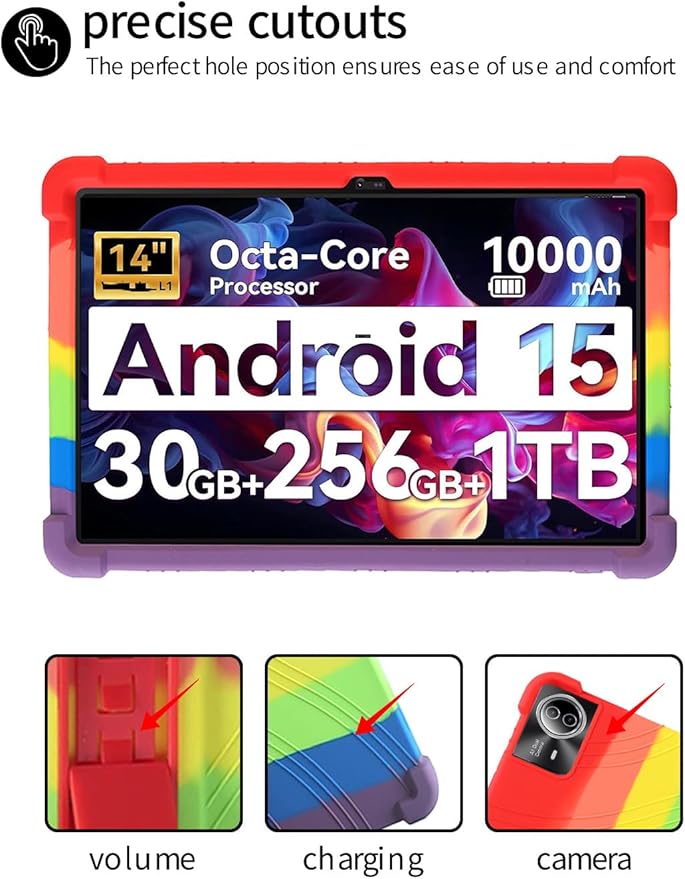 for Urao G140L 14 Inch Tablet CaseBOVUGAC Soft Silicone Adjustable Stand Shockproof Kids Friendly for Higrac G140L 14 Tablet(Rainbow)