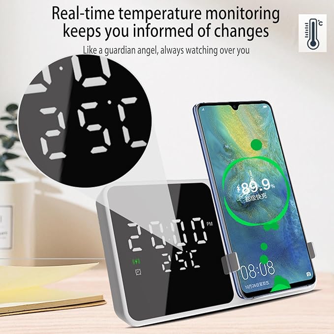 Multi-Function Wireless Charging Station with Digital Clock &amp Thermometer 15W Fast Qi-Certified Charger Alarm Clock Fixed Stand Compatible with All Qi-Enabled Phones-W5 White