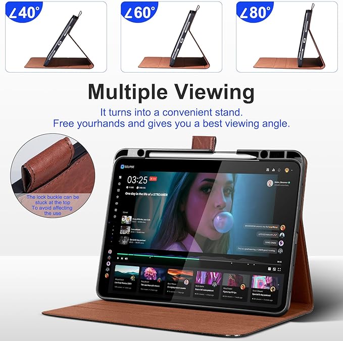 Genuine Leather Case for iPad Pro 12.9 Inch Folio Cover with Pencil Holder Auto Wake/Sleep &amp Adjustable Stand for 6th/5th/4th/3rd Generation (2022-2018) - Vintage Red Brown