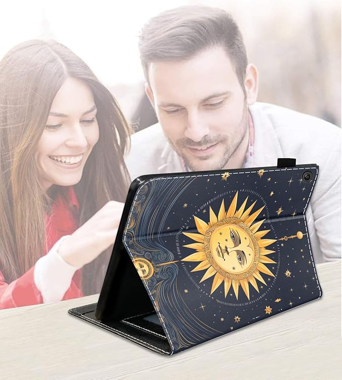 Case for Amazon Kindle Fire 7 Tablet (7 9th/7th Generation 2019/2017 Release) Slim PU Leather Cover with Card Slot &amp Auto Wake/Sleep Mysterious Bohemian Celestial Theme Sun