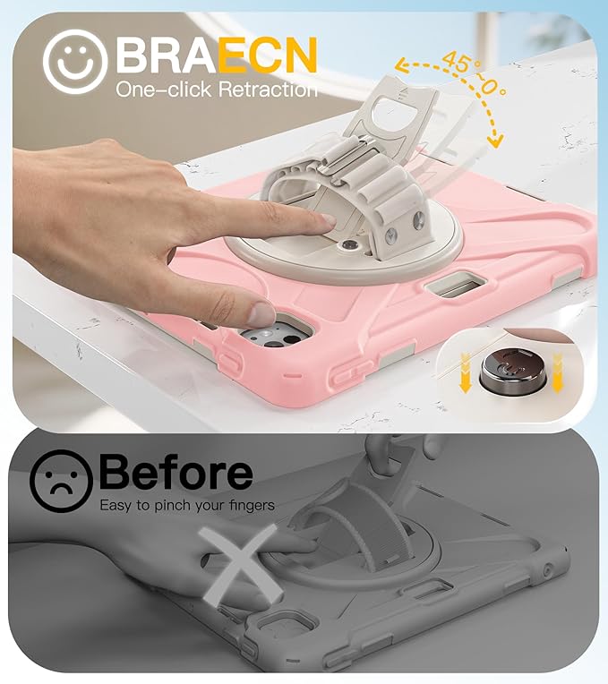 BRAECN Case for iPad Pro 11 inch M5 2025 &amp M4 2024 4 Layers Heavy Duty Full-Body Protection Screen Protector Pencil Holder 360° Rotating Handle Kickstand Shoulder Strap Kids Friendly