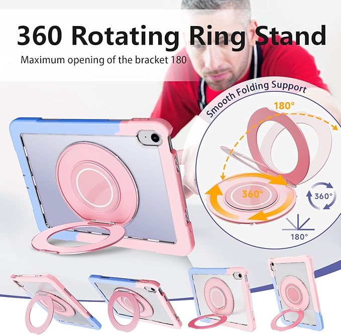 Case for iPad (A16) 11th /10th Generation 11 Inch 2025/10.9 inch 2022with Screen Protector360 Rotating Metal StandClear BackHeavy Duty Shockproof for Kids Case Blue-Pink
