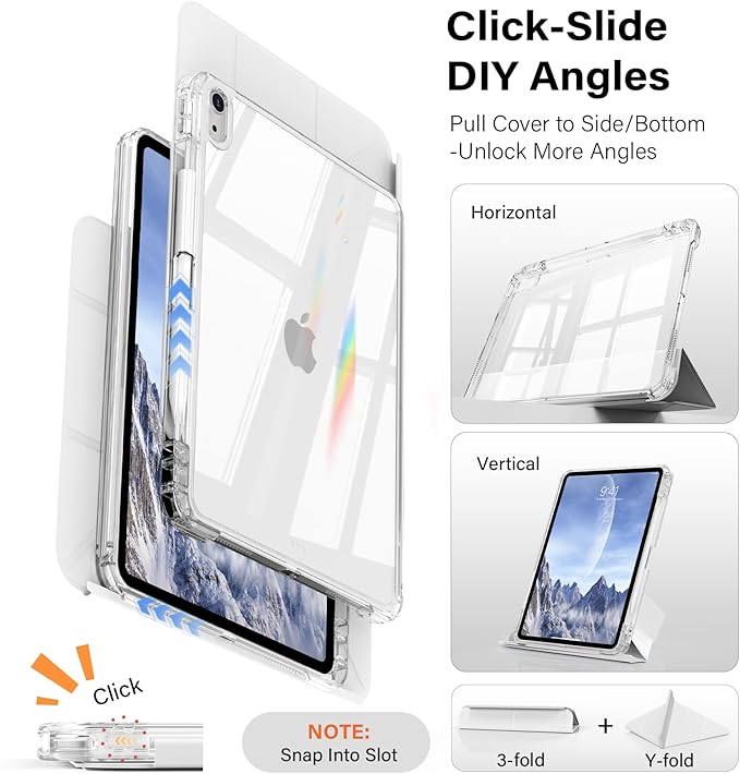 JKSML Case for iPad (A16) 11th/10th Gen with 8+ Viewing Angles DIY Detachable Sliding Cover Fully Clear Hard Back Shell Solid Y-fold Stand Pencil Holder for iPad 10.9 (2022)/ 11 (2025)-Gray-1