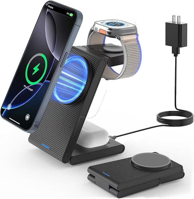 Wireless Charger Magnetic for Apple Devices - JoyGeek 3 in 1 Foldable Charging Station for Magsafe Compatible with iPhone 16 15 14 13 12 Pro Max Plus Apple Watch 10 9 8 7 6 5 4 SE AirPods 4/3/2/Pro