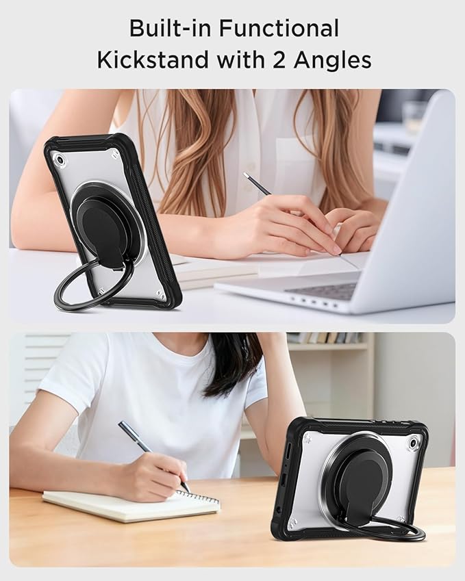 Miimall Case for Galaxy Tab A11 8.7 Inch 2025 with Shoulder Strap Bulit-in 360 Rotating Stand Shockproof Rugged Kids Friendly Shell Pen Holder Cover for Samsung Galaxy A11 Tablet Black Clear