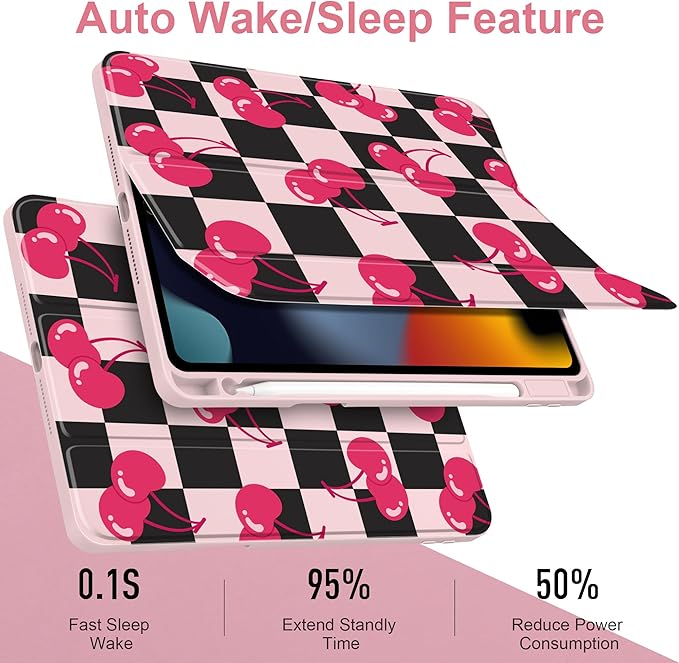 DONGKE for iPad 9th/8th/7th Generation Case 10.2 Inch (2021/2020/2019) [Auto Sleep/Wake &amp Pencil Holder] Clear Acrylic Back Trifold Stand Cover Cherry Checkers