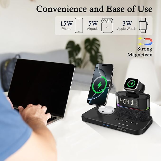 MONASAY Qi2 5 in 1 Wireless Charging Station 23W Wireless Charger with Alarm Clock for Multiple Devices Magnetic Charger Stand for iPhone 17/16/15/14/13 Series and AirPods Apple Watch Series Black