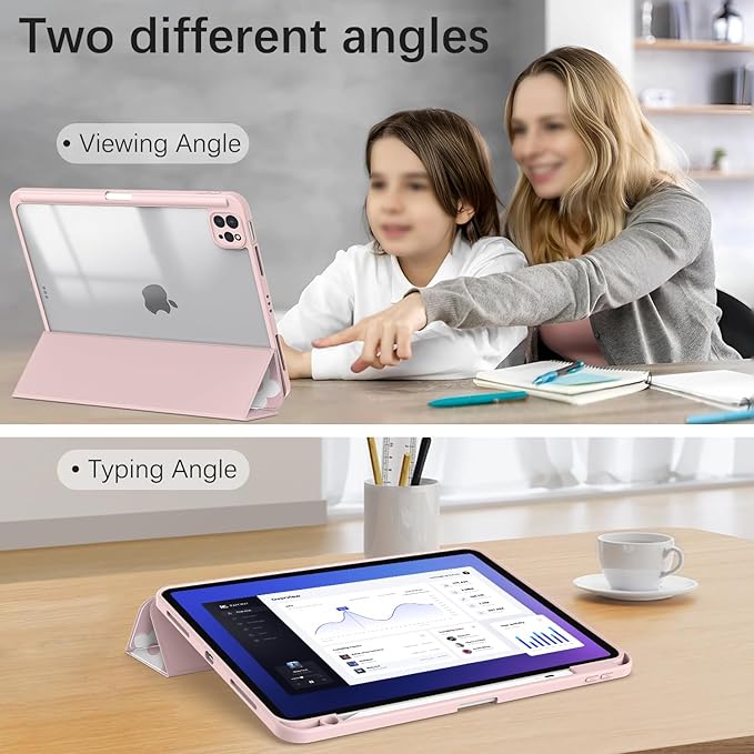 Case for iPad Air 13 Inch M3 2025/M2 2024 iPad Pro 12.9 inch 6th /5th /4th/ 3rd Generation (2022/2021/2020/2018) Case Cover with Pencil Holder/Clear Back Auto Sleep/Wake Pink White Flower