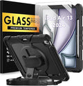 BLOSOMEET Protective Case for iPad Air 13 Inch M3 2025 &amp M2 2024 with Tempered Glass Screen Protector &amp Pencil HolderRugged Construction iPad Air 13 Cover with Stand Hand Shoulder Strap (Blac