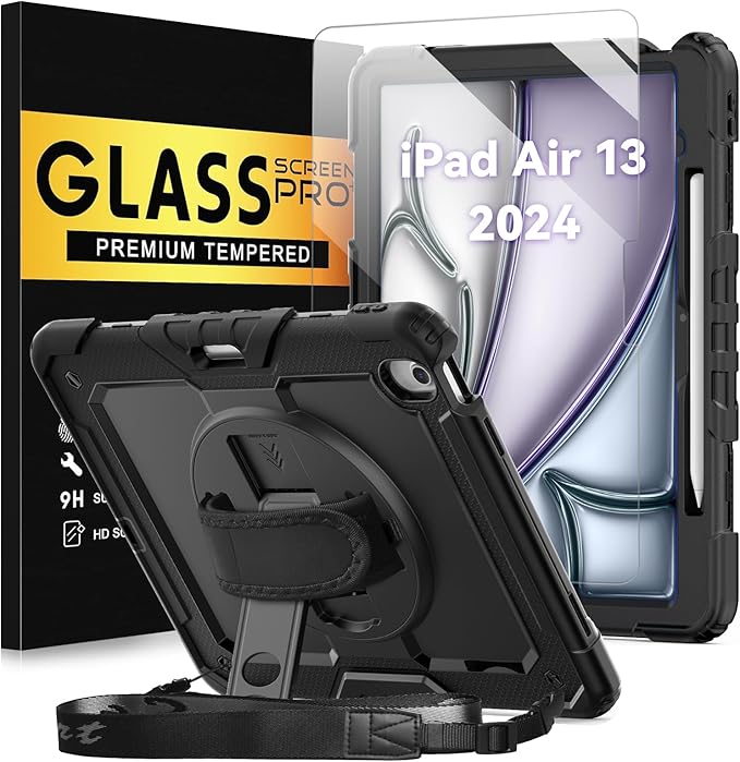 BLOSOMEET Protective Case for iPad Air 13 Inch M3 2025 &amp M2 2024 with Tempered Glass Screen Protector &amp Pencil HolderRugged Construction iPad Air 13 Cover with Stand Hand Shoulder Strap (Blac