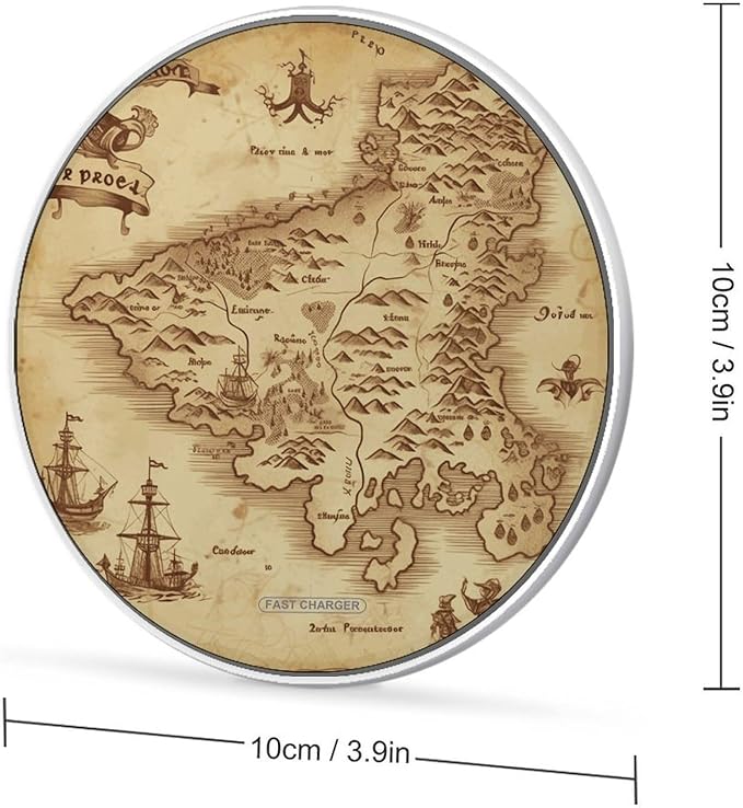 Treasure Map Vintage Wireless Charger Fast Wireless Charging Pad with USB Cable 10W Anti-Slip Magnetic Wireless Charger Portable Slim Charger Puck Travel Charging Station