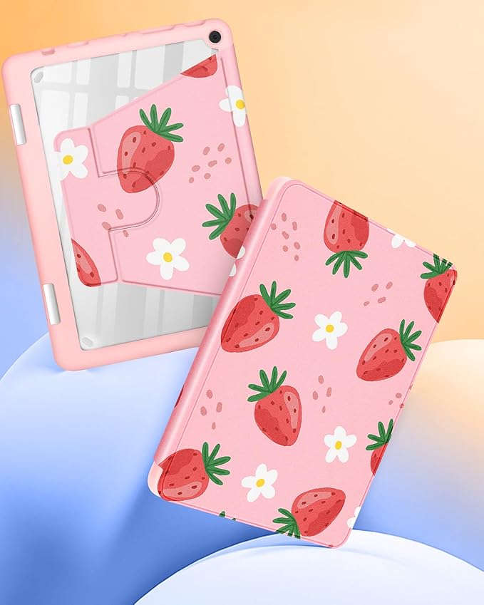 Kidcube for Kindle Fire HD 10/10 Plus Tablet Case - 13th/11th Generation (2023/2021) 10.1 Women Girl Cute Girly Strawberry Kawaii Rotating Stand Pencil Holder Folio Case for Amazon Fire HD 10/10 Plus