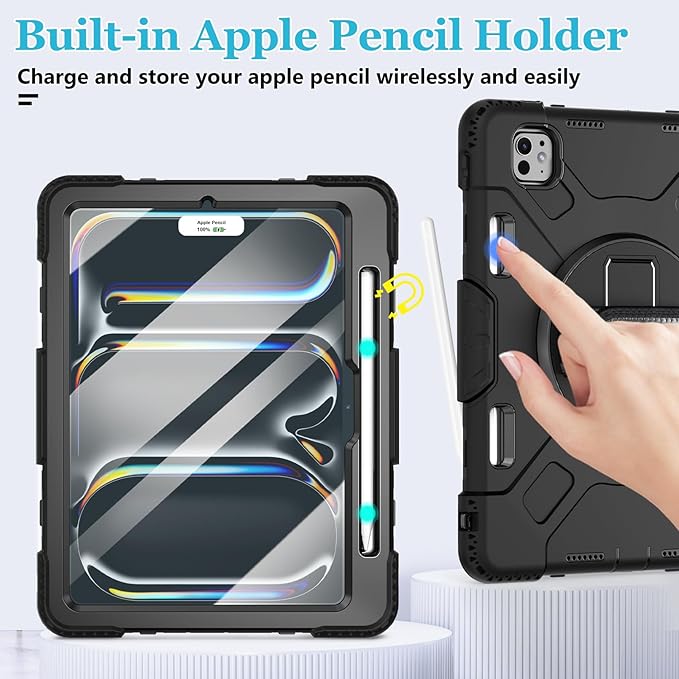 Case for iPad Pro 11 M5 2025/ M4 2024: Protective Cover for iPad Pro 11 Inch 5th Generation with Screen Protector- Stand- Handle- Shoulder Strap- Pencil Holder- Black+Black