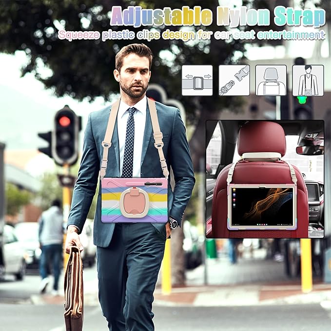 Heavy Duty Case for Galaxy Tab S10 Lite/ S10 FE/ S9 FE/S8/S7 Hybrid Rugged Case with S Pen Holder Shockproof Kids Case with 360 Rotating Stand/Shoulder Strap (Colourful Pink)