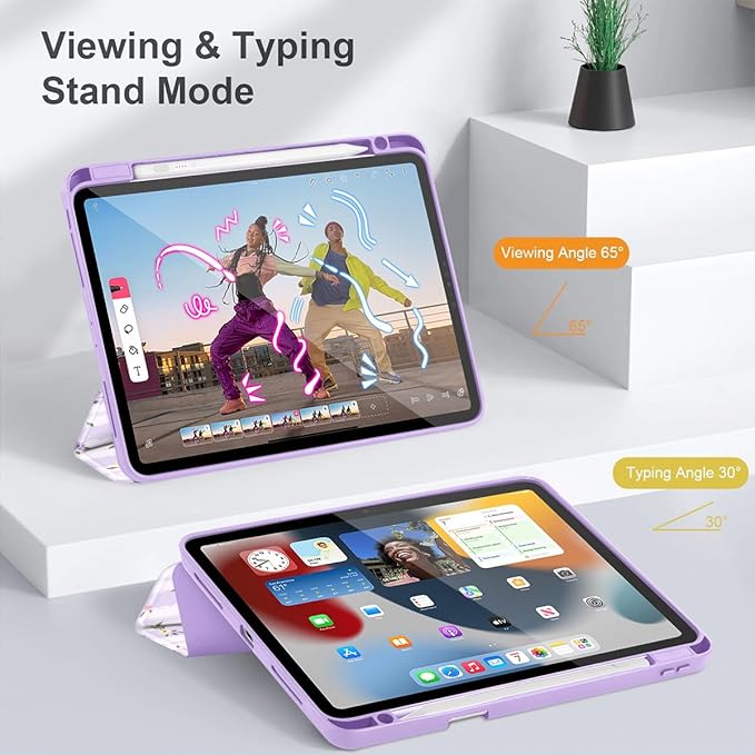 Mektron Case for iPad Pro 11 inch Case M2 2022 Generation 4th Fit 2021 2020 2018 iPad Pro 11 (3rd 2nd &amp 1st Gen) -Buit in Pencil Holder with Shockproof Cover Clear Shell Flowers &amp Adorable