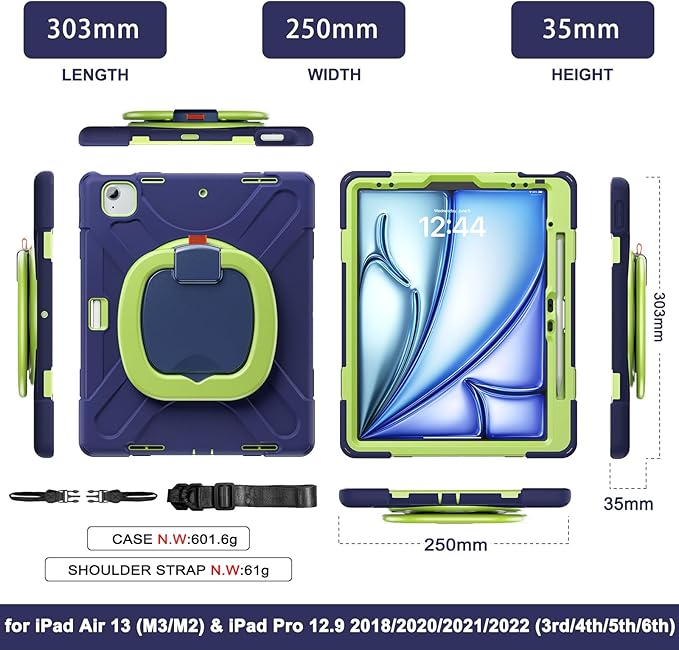 MEEgoodo Case for iPad Air 13 inch 2025 (M3) /2024 (M2) &amp iPad Pro 12.9 Case 6th/5th/4th/3rd Generation 2022 2021 2020 2018Tablet Cover with Pencil Holder/Rotating Stand/Shoulder StrapNavy Blue