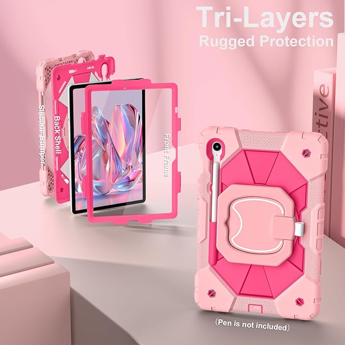 Case for Samsung Galaxy Tab S10 Lite/S10 FE/S9 FE 10.9 Inch Samsung Tab S9 11 Inch Rugged Galaxy S10 Tablet Cover with Pen Holder 360 Rotating Stand Shoulder Strap Screen Protector Rosegold
