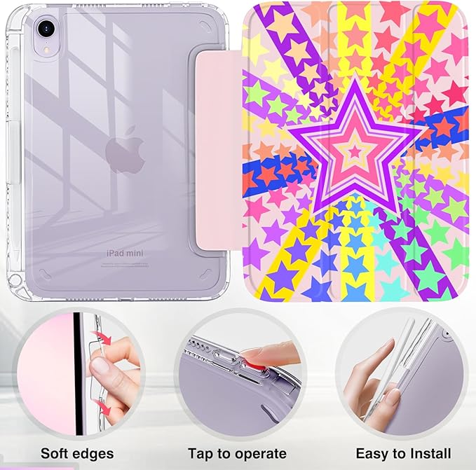 Y2K Rainbow Starburst iPad mini Case for Girls – Colorful Five-Point Star Design with Pencil Holder Auto Wake/Sleep &amp DIY Stickers Retro Pop Art Protective Cover for iPad mini 6/7