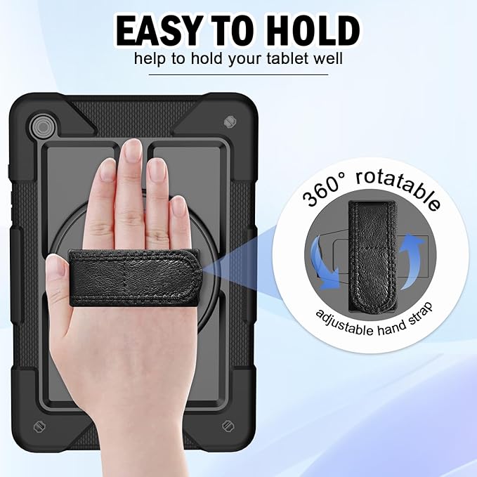 BMOUO for Samsung Galaxy Tab A9+ Plus Case 11 2023 (SM-X210/X216/X218) Shockproof Galaxy Tab A9 Plus Case with Rotating Stand and Hand/Shoulder Strap Black