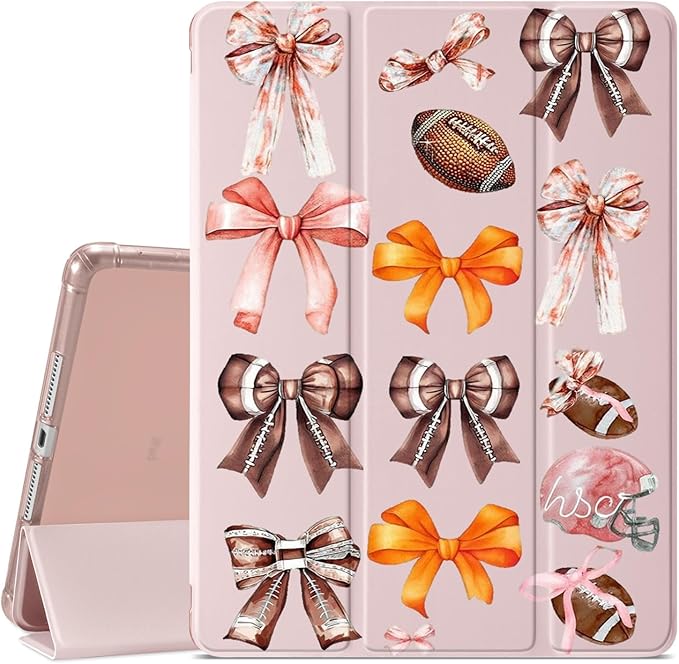 JOYLAND Cute Rugby Bowknot Case for iPad 9th/8th/7th Generation 10.2 Inch (2021/2020/2019 Release) Pencil Holder &amp Clear Transparent Soft TPU Back &amp Trifold Smart Tablet Cover for Girls Women