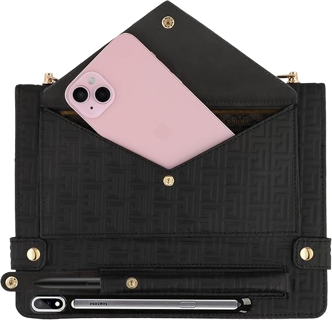 Handbag Case for Samsung Galaxy Tab S10 FE+/Plus 13.1-inch Techcircle Elegant Crossbody Folio Stand Wallet Case with Pencil Holder Card Slots Hand Strap Shoulder Strap Black