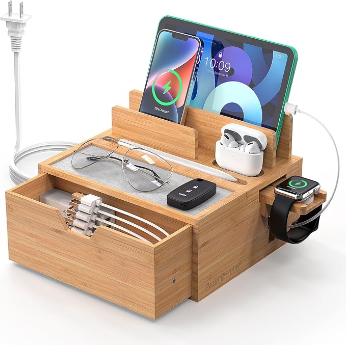Pezin &amp Hulin Bamboo Charging Station for Multi Device with Power Charger &amp Cables Nightstand Docking Station with Lined Tray &amp Drawer Compatible with Tablet Cell Phones