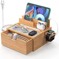 Pezin &amp Hulin Bamboo Charging Station for Multi Device with Power Charger &amp Cables Nightstand Docking Station with Lined Tray &amp Drawer Compatible with Tablet Cell Phones