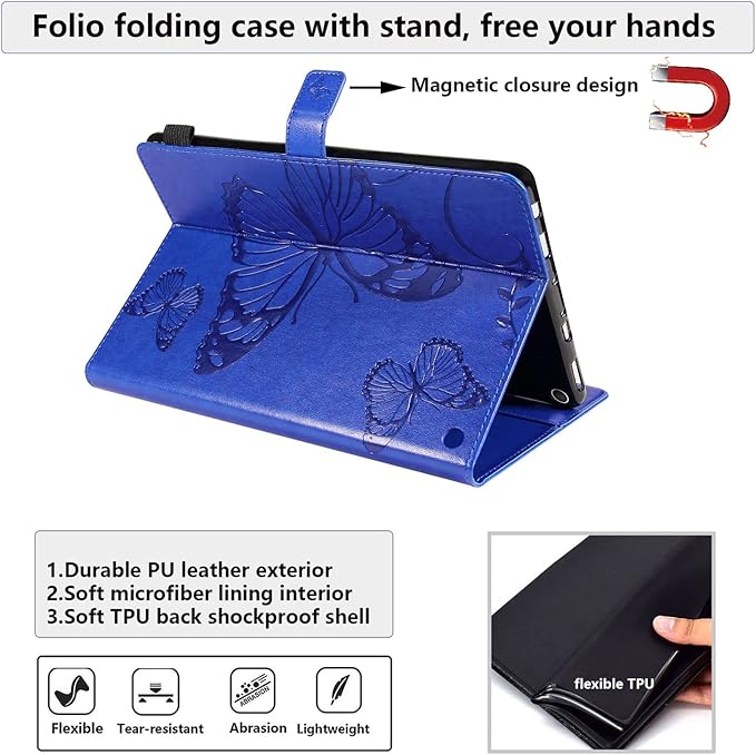 for Kindle Fire HD 10 &amp HD 10 Plus Case 13th/11th Generation 10.1 (2023/2021) Stand Embossed PU Leather Magnetic Wallet Cover with Pencil Holder/Pockets [Auto Wake/Sleep] Blue Butterfly