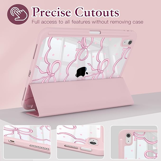 CISSOOK Case for iPad (A16) 11 inch (2025)iPad 10th Generation 10.9 inch (2022) with Pencil Holder Auto Wake/Sleep Premium Stand Case with Crystal Clear Hard Back TPU Shell Pink Bow