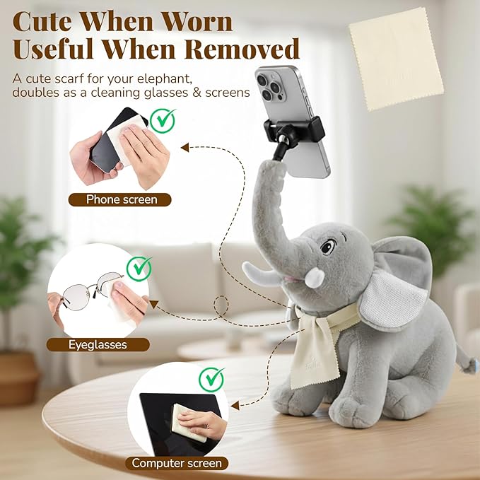 Phone Stand 360°Rotating Desk Phone Stand with 45°Adjustable Trunk Ear Pockets Glasses Cloth Scarf - Plush Phone Holder Back Fits Headphones Cell Phone Stand for desk Bed Sofa Car-Gray/Blue