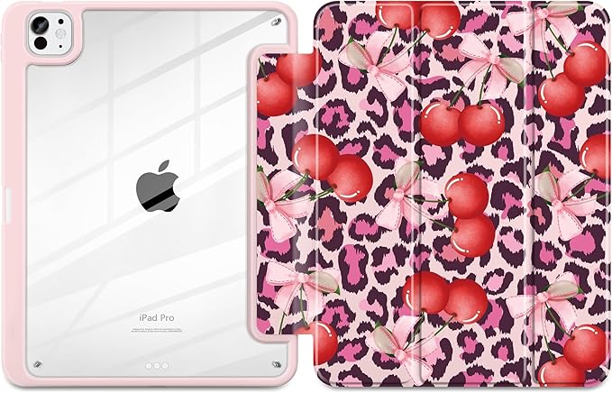 Case for iPad Pro 13 inch (M5) 2025 (M4) 2024 Release with Pencil Holder - Aesthetic Cute Design Trifold Cover with Soft TPU Bumper Clear Back Auto Sleep/Wake for Girls Women Leopard Print