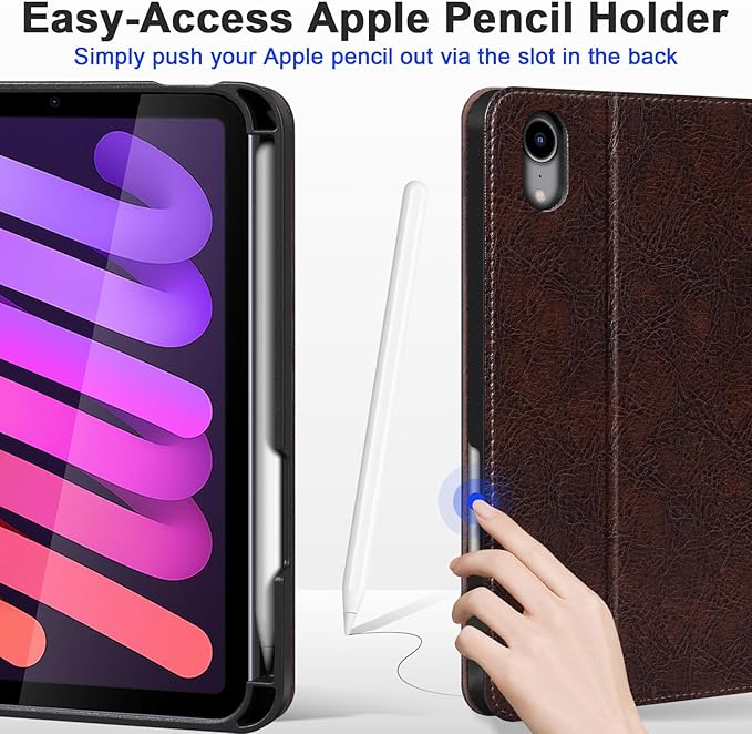 Genuine Leather Case for iPad mini 7th/6th Gen 8.3 inch Premium Folio Cover with Pencil Holder Auto Wake/Sleep &amp Adjustable StandWear-Resistant Protective Case - Vintage Mocha Brown