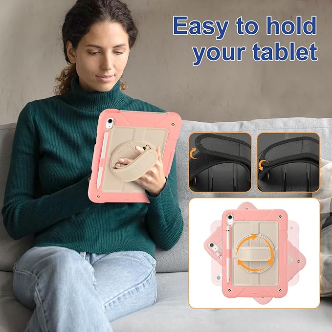 for iPad (A16) 11th Generation case11''(2025)/10th Generation case 10.9'' (2022)360°Rotatable Stand with [Screen Protector&ampPencil Holder&ampShoulder Strap] Shockproof Case (Pink+Beige)