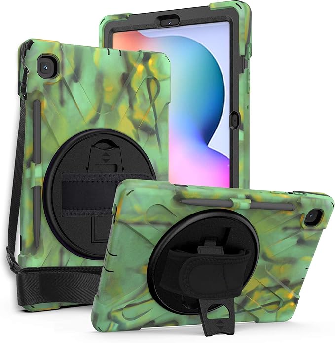 KIQ Shield Series Galaxy S6 Lite Case Heavy Duty Tablet Shockproof Rugged Tab S6 Lite Cover W/Stand Shoulder Strap for Samsung Galaxy Tab S6 Lite 10.4 Inch 2022/2020 P610/P613/P615/P619 - Camouflage