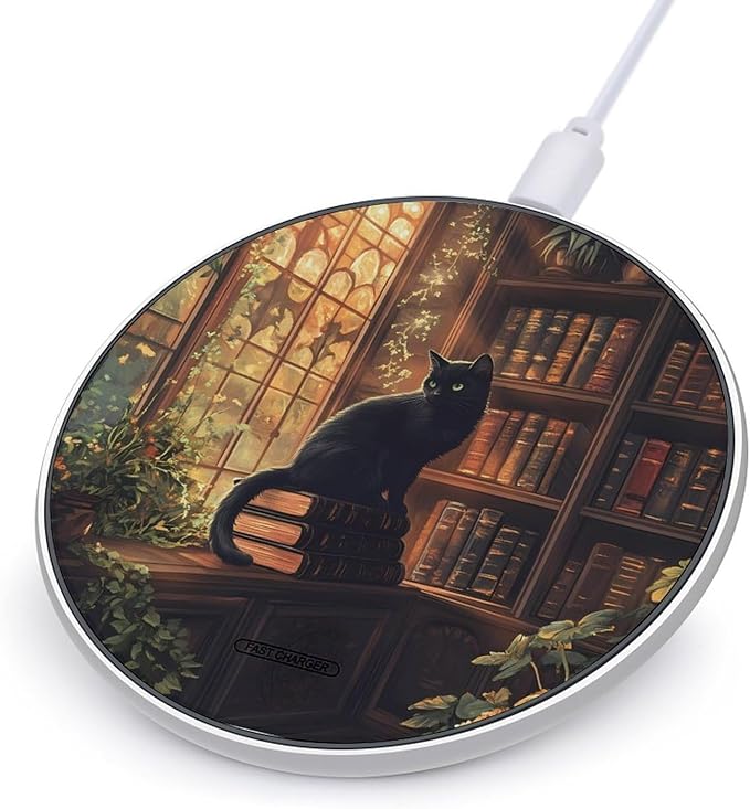 Black Cat Library Sunlight Window Phone Charger Magnetic Charging Pad Anti-Slip with USB Cable