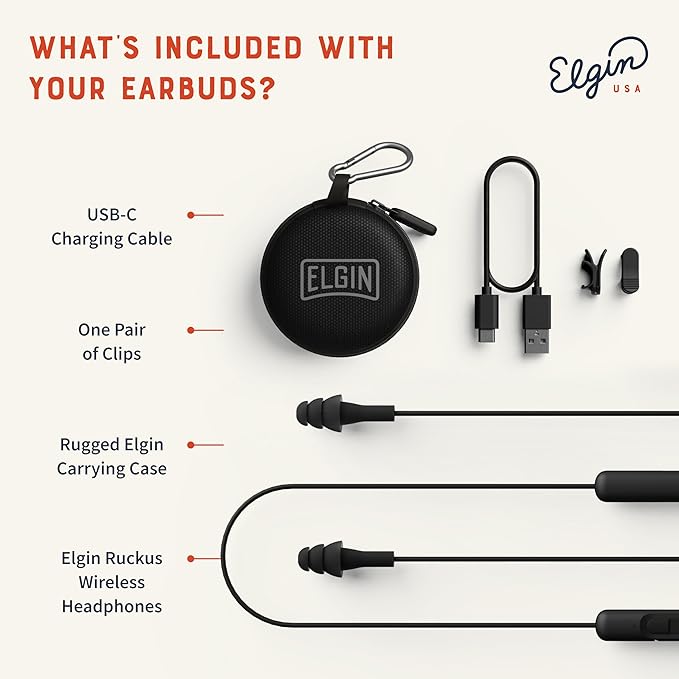 Elgin Ruckus Wireless Bluetooth Earplug Headphones 25 dB Noise Reduction Ear Plug Earbuds Noise Cancelling Mic 12 Hour Battery IP65 sweatproof OSHA Compliant Hearing Protection Work Safety