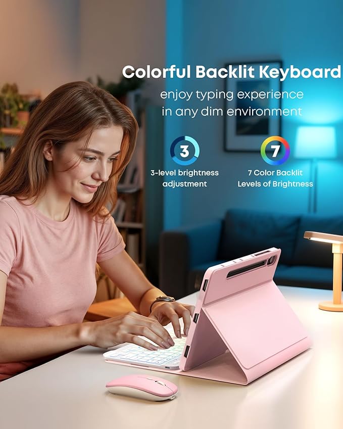 Case Keyboard for Samsung Galaxy Tab S10 Ultra / S9 Ultra / S8 Ultra 14.6 inch Cover - 7 Color Rainbow Change Backlit Detachable Magnetic Keyboard with S Pen Holder with Mouse - Pink