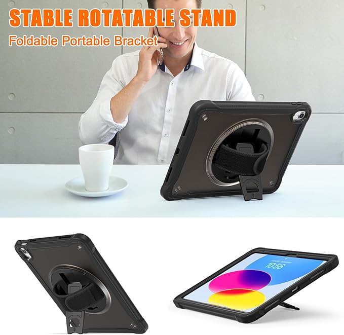 Case for iPad (A16) 11th/10th Generation 2025/2022 11/10.9 inch Rugged Shockproof Protective Cover with Screen Protector 360° Rotating Hand Strap&ampStand Pencil Holder Black