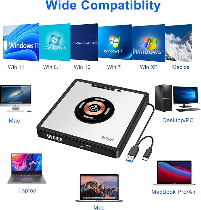 BUNUD External DVD Drive with Wireless-Charger: USB CD Burner &amp 15W Fast Charging for iPhone 17 16 15 14 13 12 Series - External DVD Player for Laptop Mac Apple Windows with SD/TF/3 USB Ports